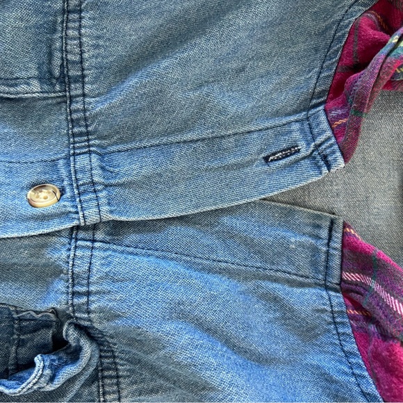 Vintage grunge Denim button down hoodie with Plaid Sleeves - Picture 6 of 8